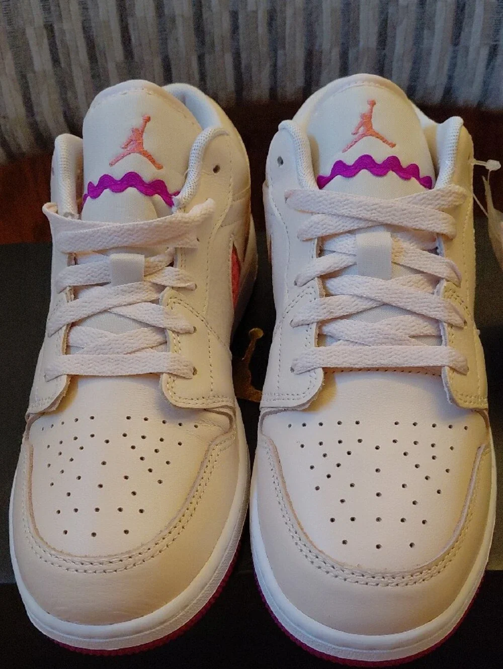 Brand New AJ1's Low Pink Swoosh and Purple Outsole Youth=6.5 Women=8